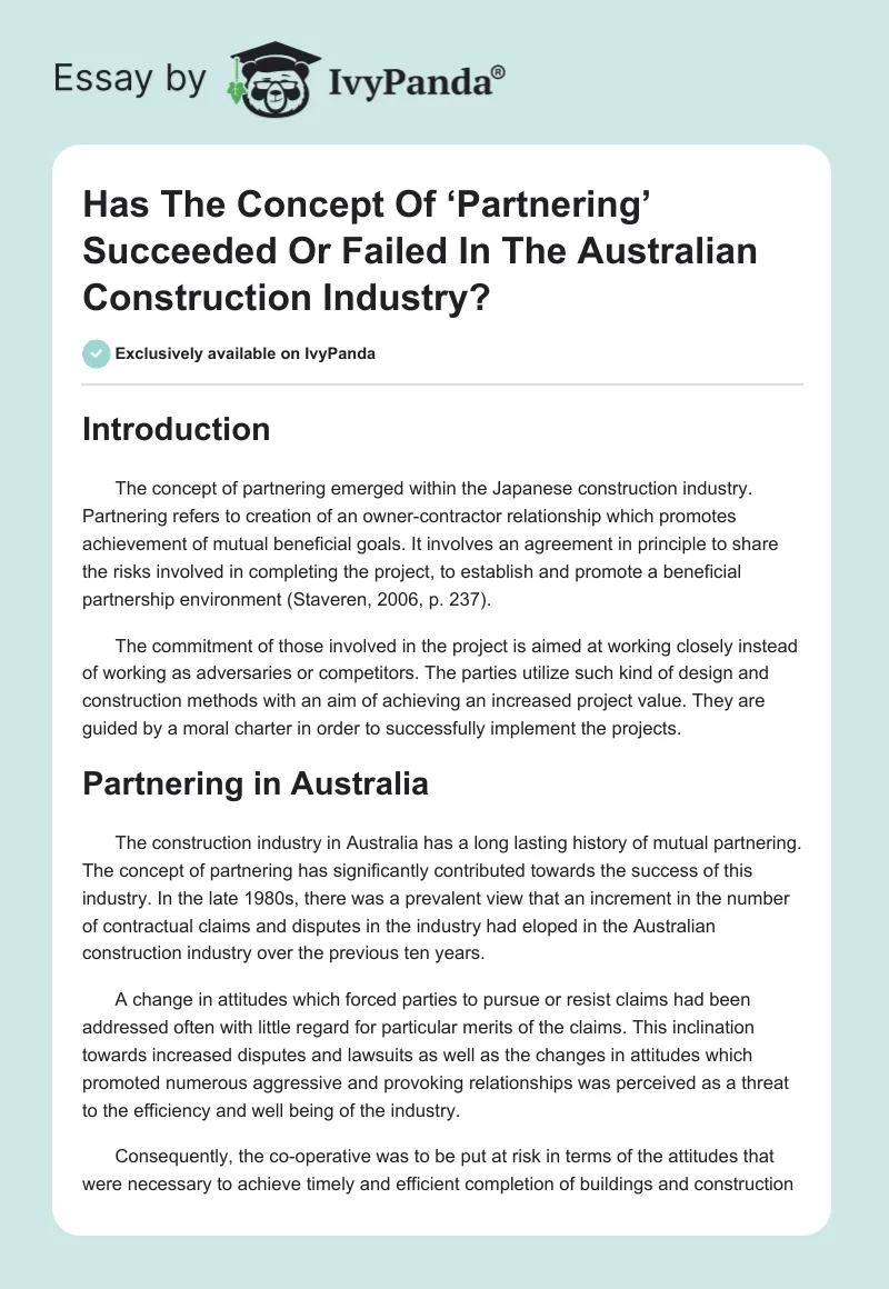 Has the Concept of ‘Partnering’ Succeeded or Failed in the Australian Construction Industry?. Page 1