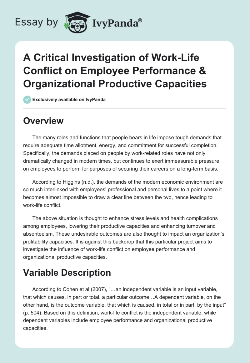 A Critical Investigation of Work-Life Conflict on Employee Performance & Organizational Productive Capacities. Page 1