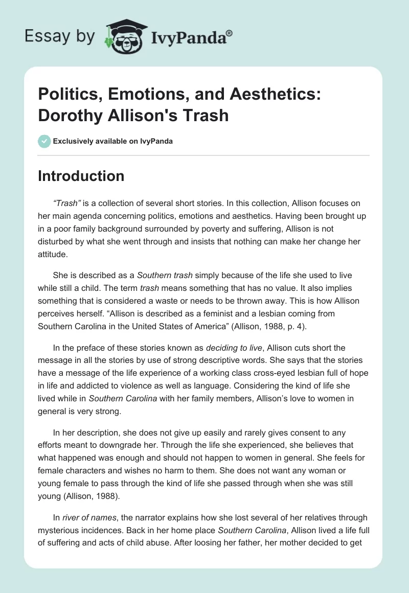 Politics, Emotions, and Aesthetics: Dorothy Allison's "Trash". Page 1