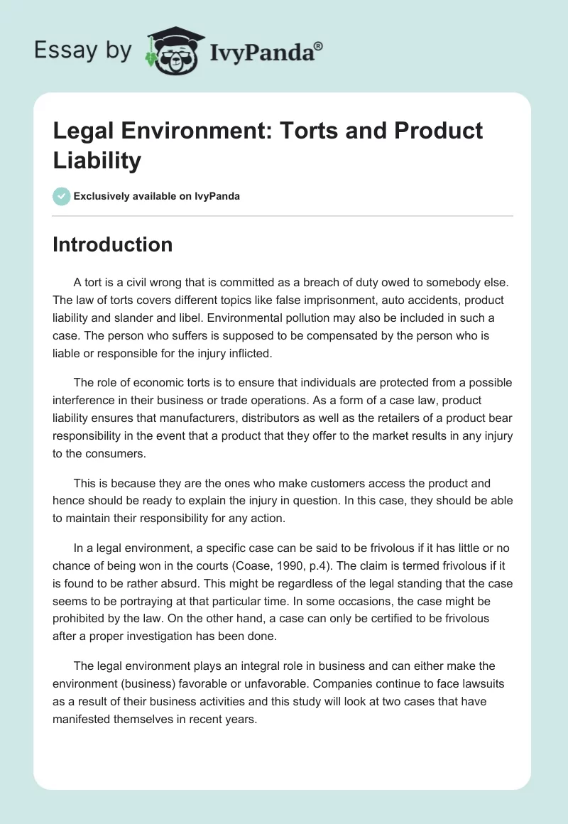 Legal Environment: Torts and Product Liability. Page 1