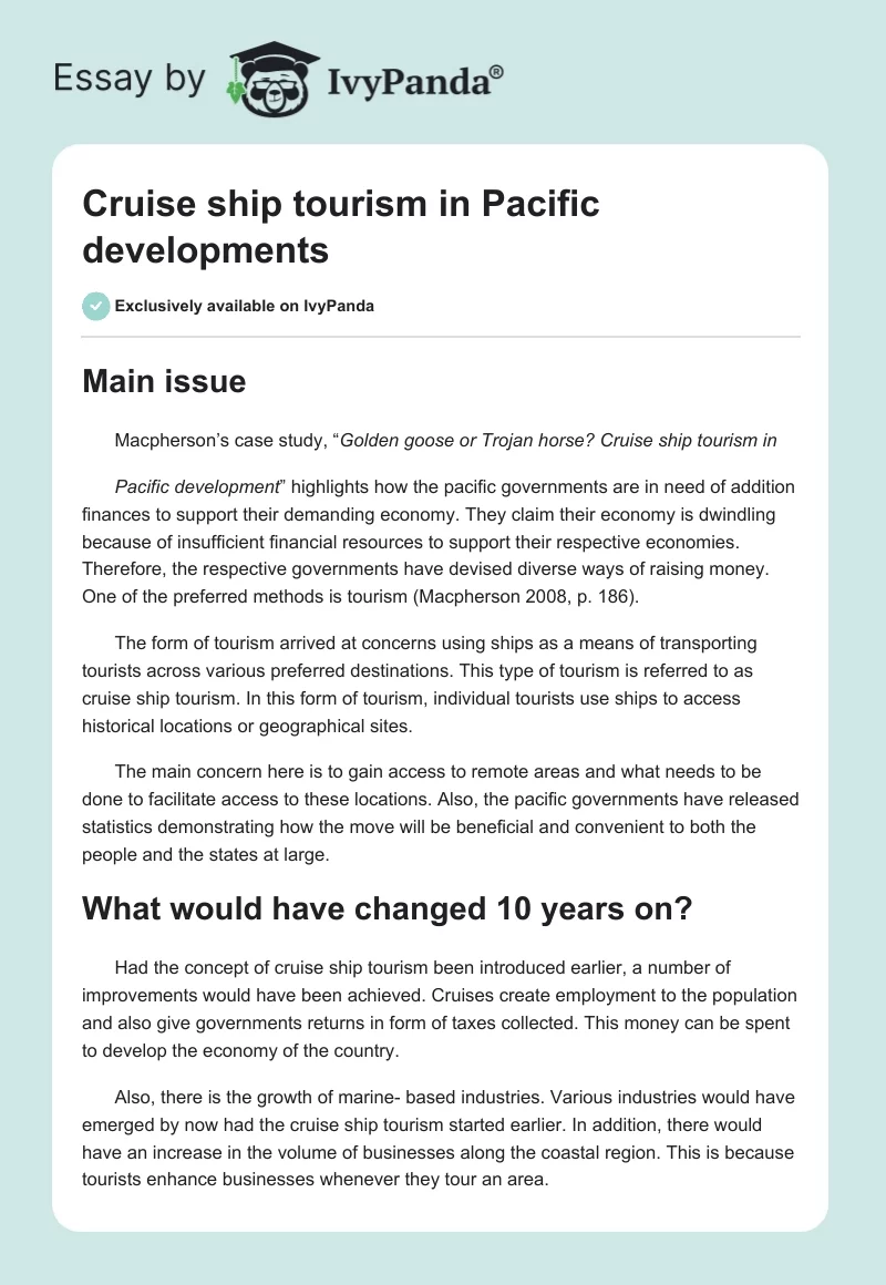 Cruise ship tourism in Pacific developments. Page 1