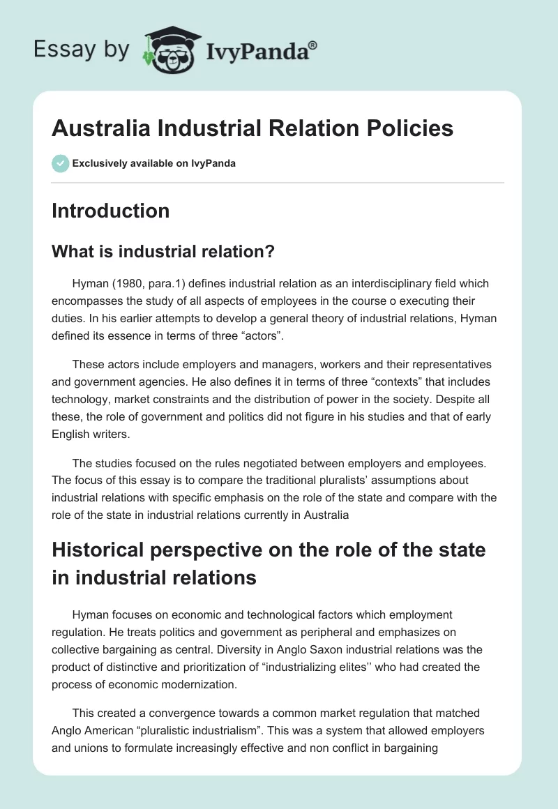 Australia Industrial Relation Policies. Page 1