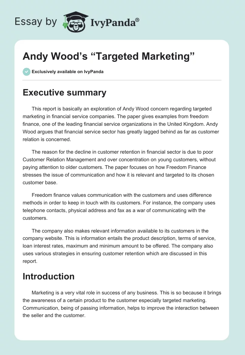 Andy Wood’s “Targeted Marketing”. Page 1