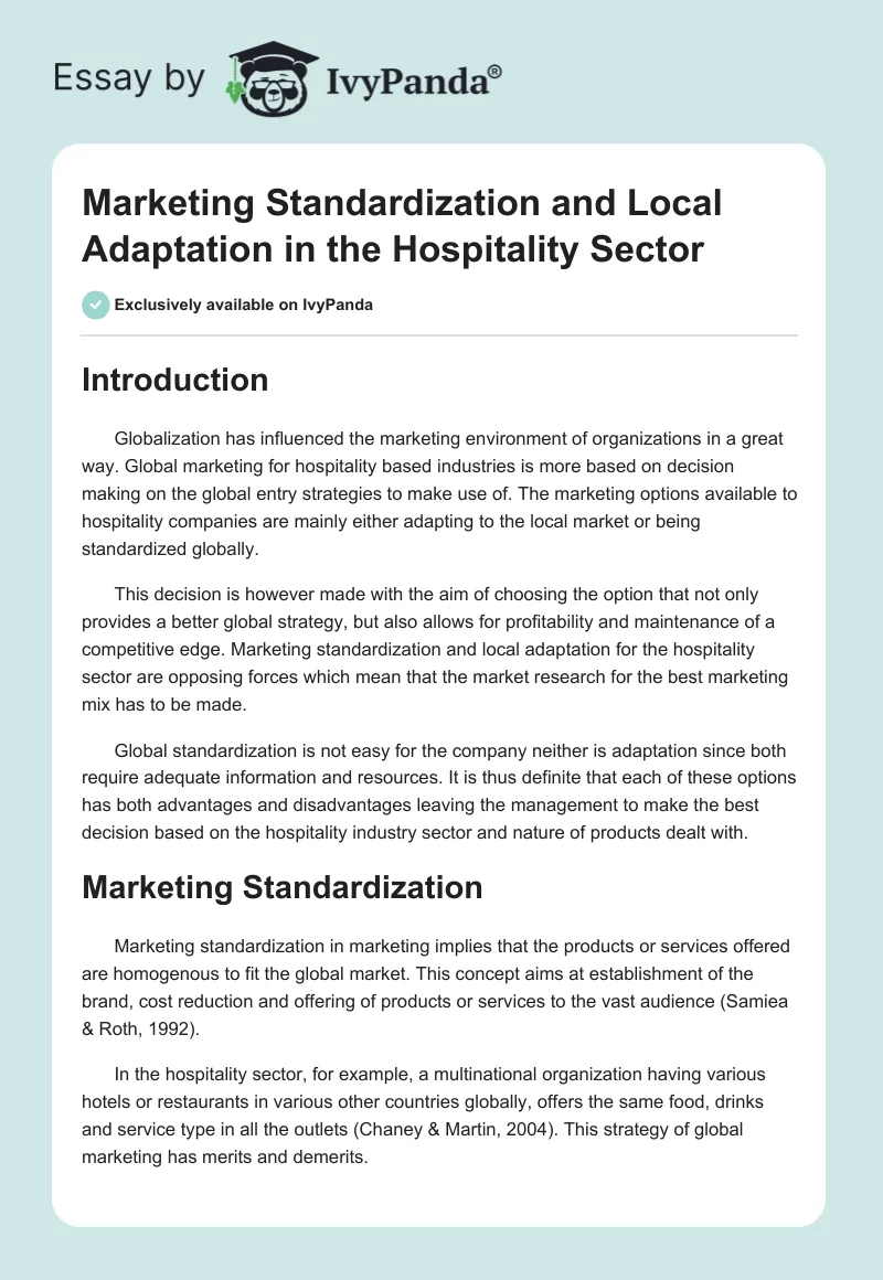 Marketing Standardization and Local Adaptation in the Hospitality Sector. Page 1