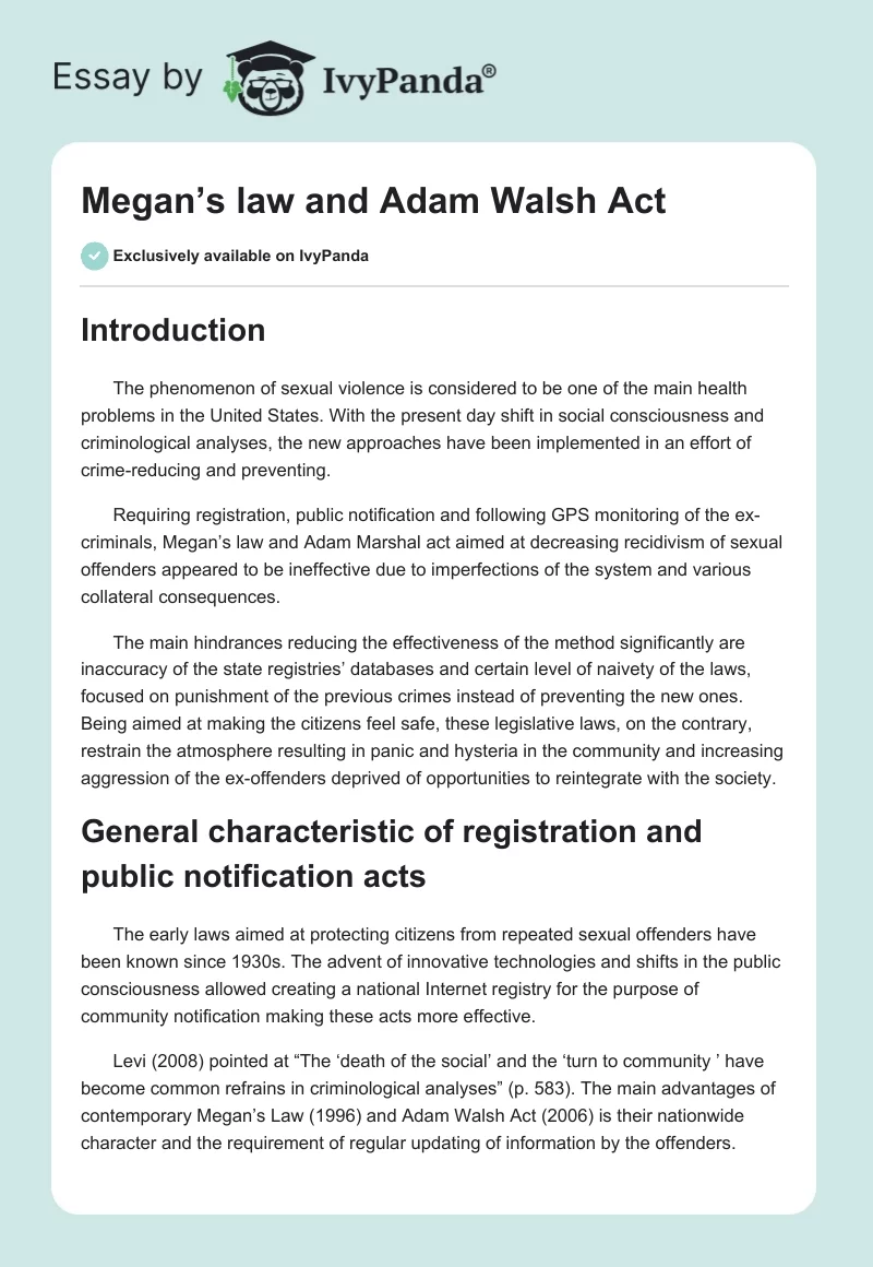 Megan’s law and Adam Walsh Act. Page 1