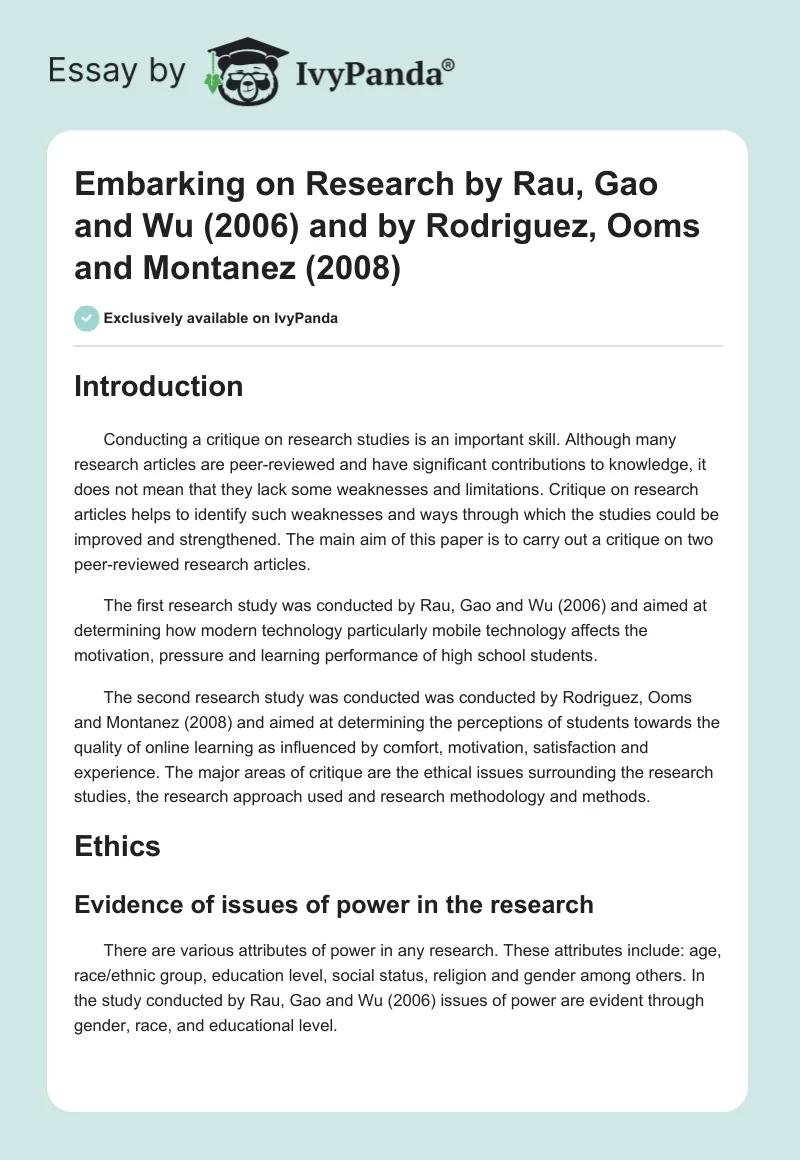 Embarking on Research by Rau, Gao and Wu (2006) and by Rodriguez, Ooms ...