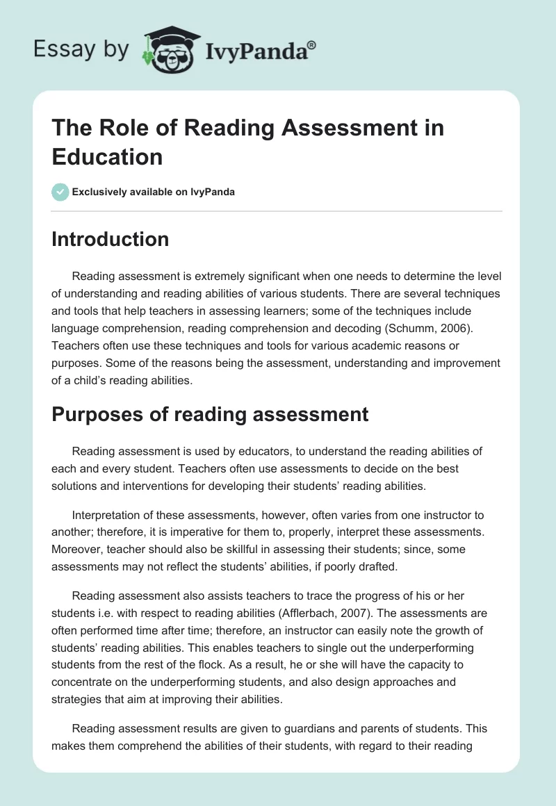 The Role of Reading Assessment in Education. Page 1