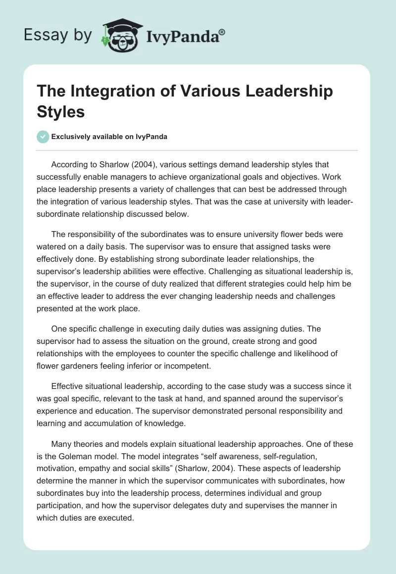 The Integration of Various Leadership Styles. Page 1