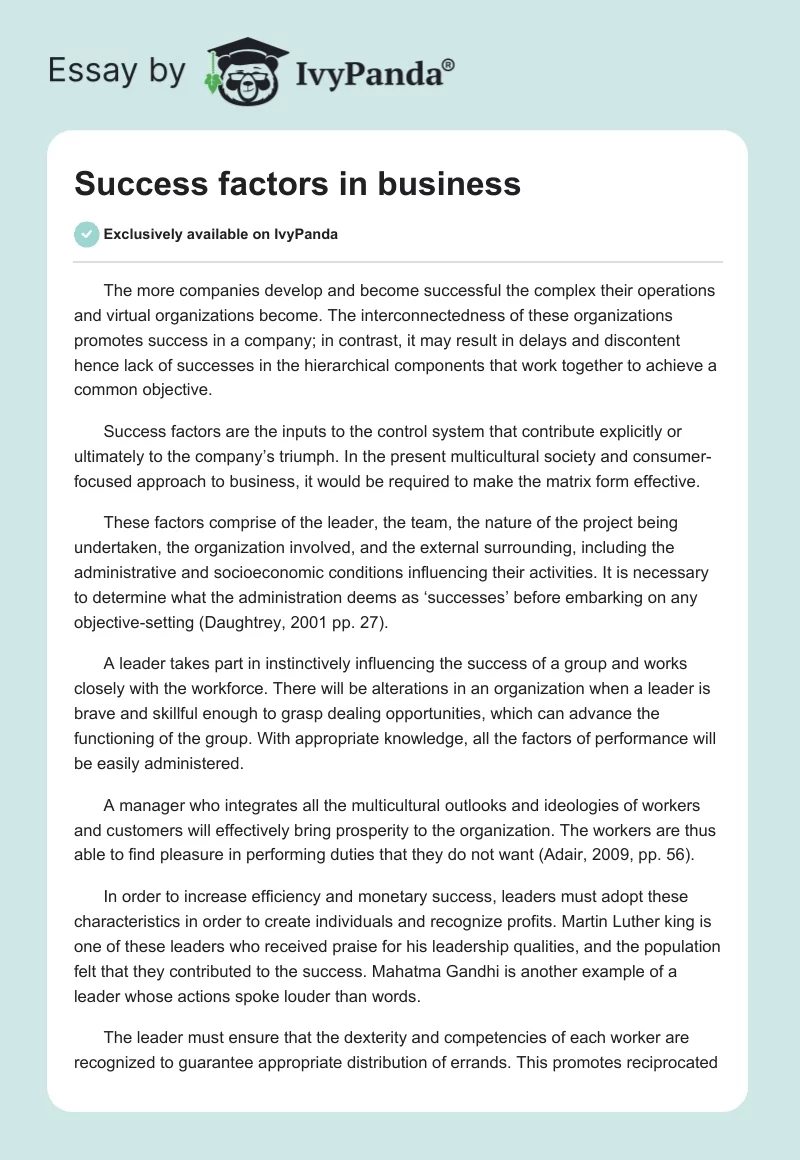 Success factors in business. Page 1