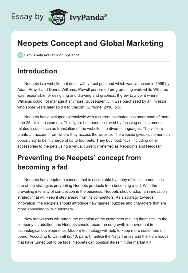 Neopets Concept and Global Marketing. Page 1