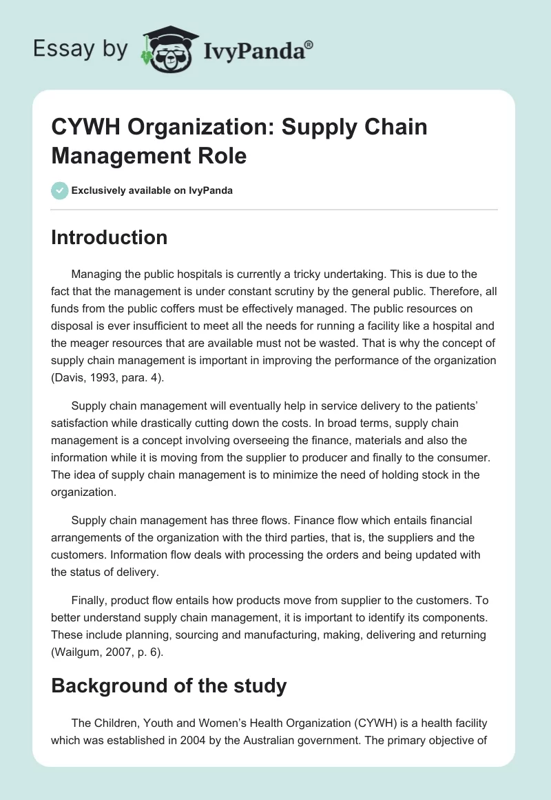 CYWH Organization: Supply Chain Management Role. Page 1
