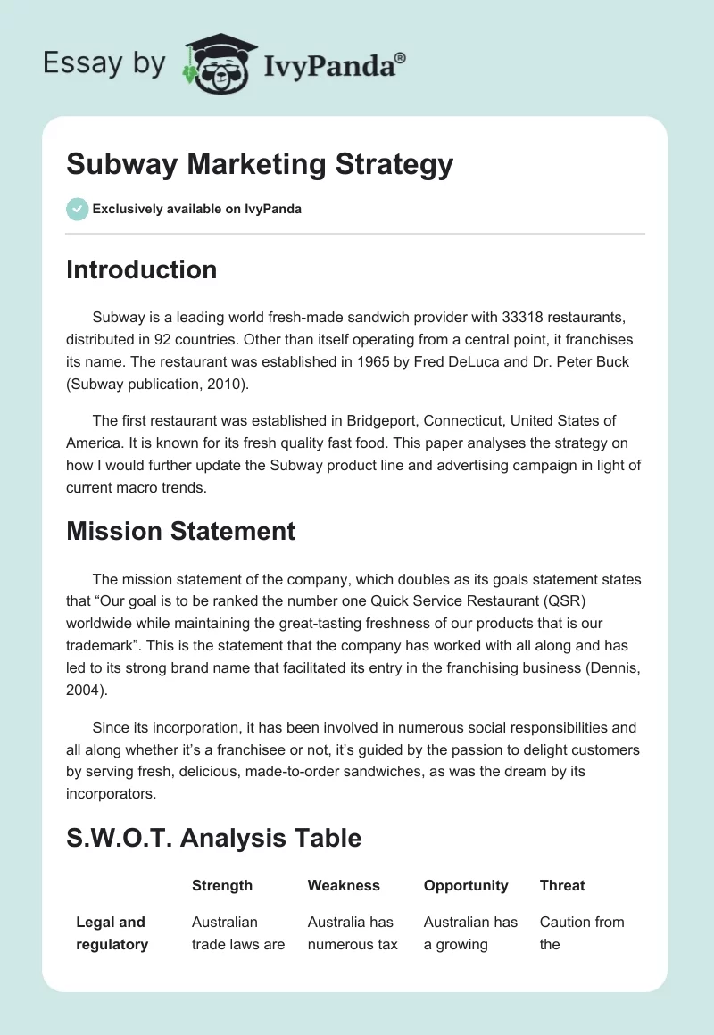 Subway Marketing Strategy. Page 1