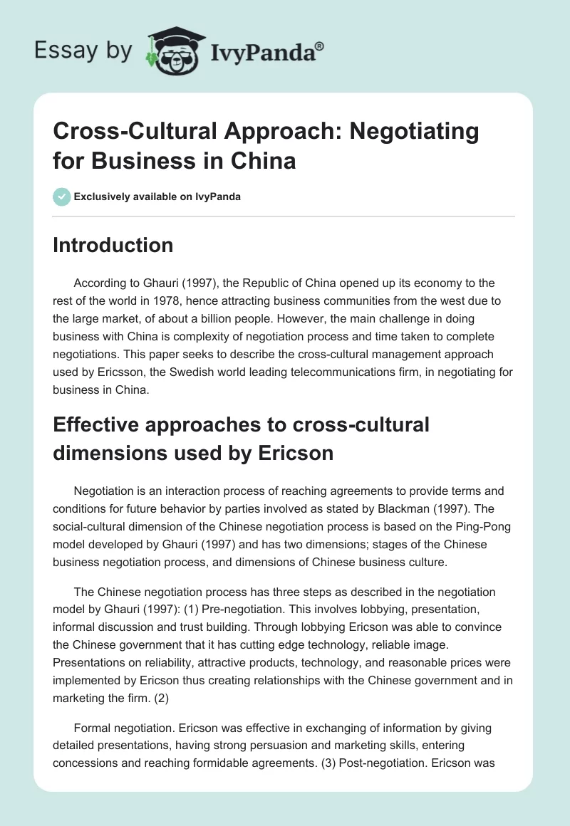 Cross-Cultural Approach: Negotiating for Business in China. Page 1