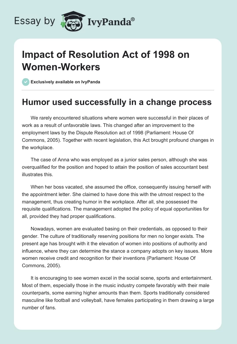 Impact of Resolution Act of 1998 on Women-Workers. Page 1