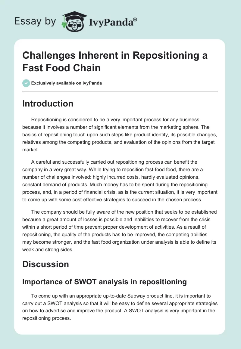 Challenges Inherent in Repositioning a Fast Food Chain. Page 1