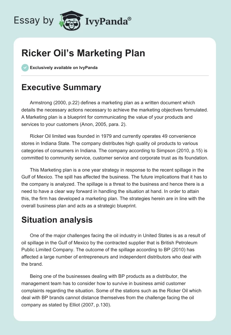 Ricker Oil’s Marketing Plan. Page 1