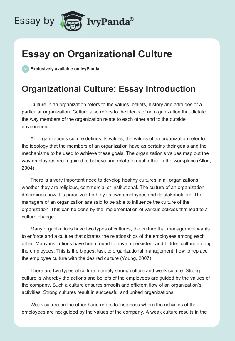 Essay on Organizational Culture. Page 1