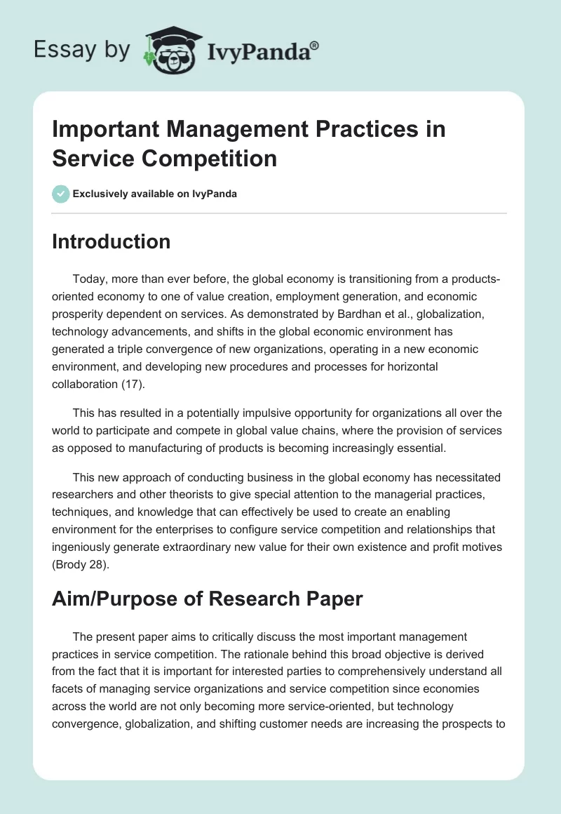 Important Management Practices in Service Competition. Page 1
