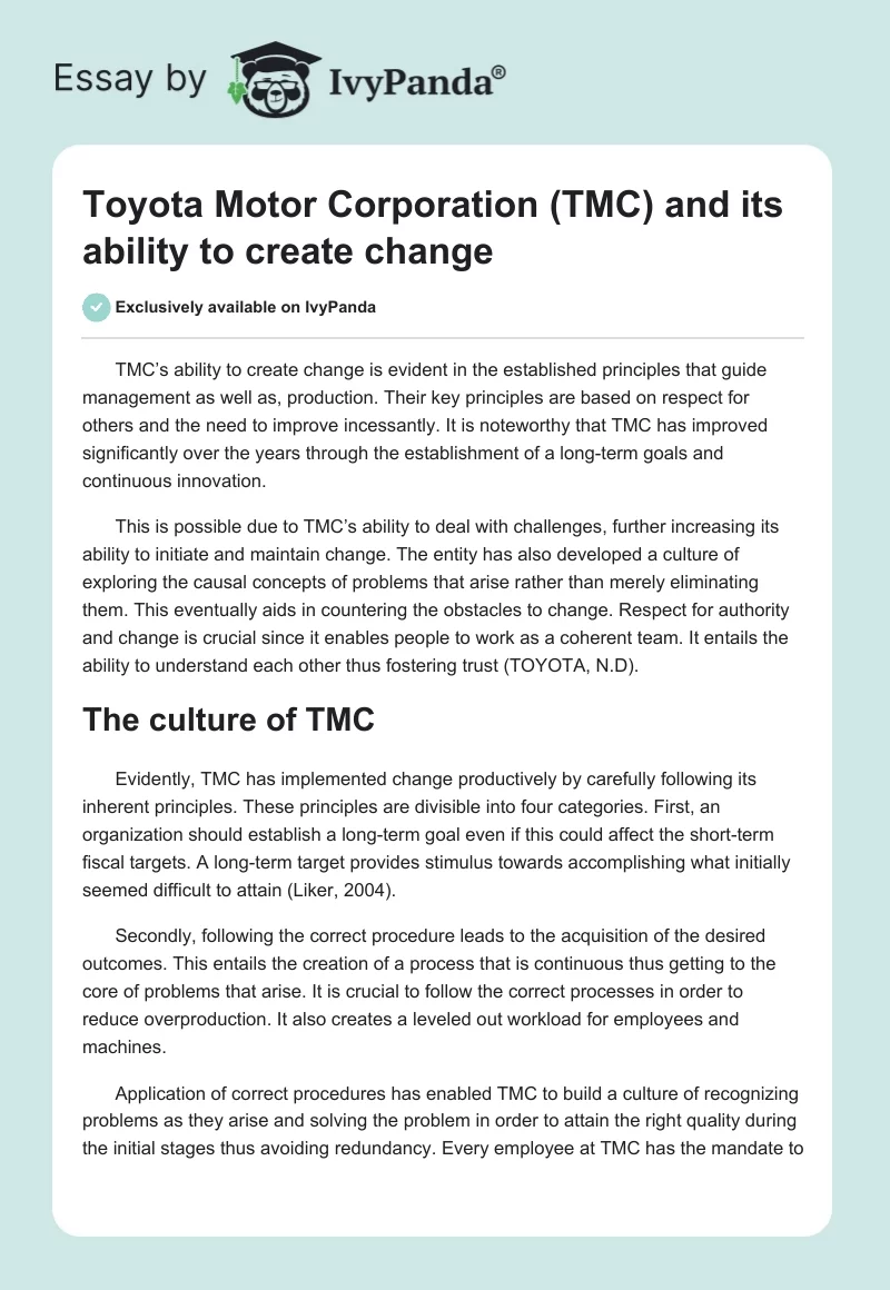Toyota Motor Corporation (TMC) and Its Ability to Create Change. Page 1