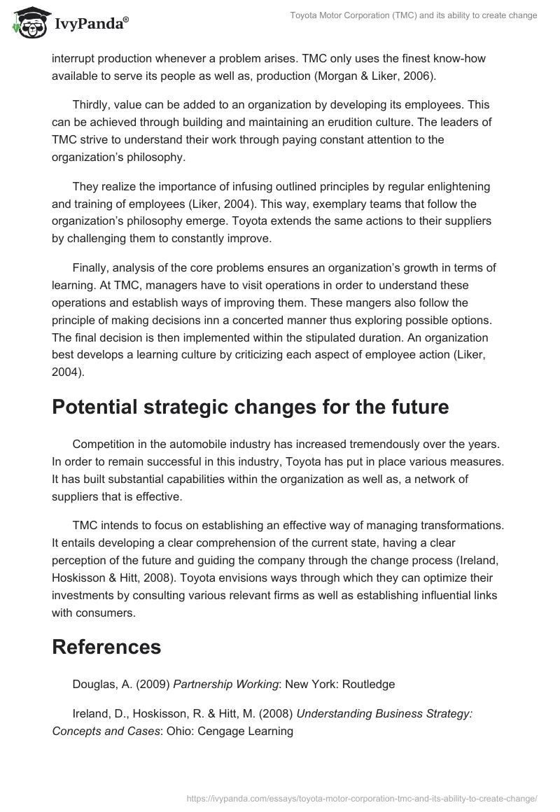 Toyota Motor Corporation (TMC) and Its Ability to Create Change. Page 2