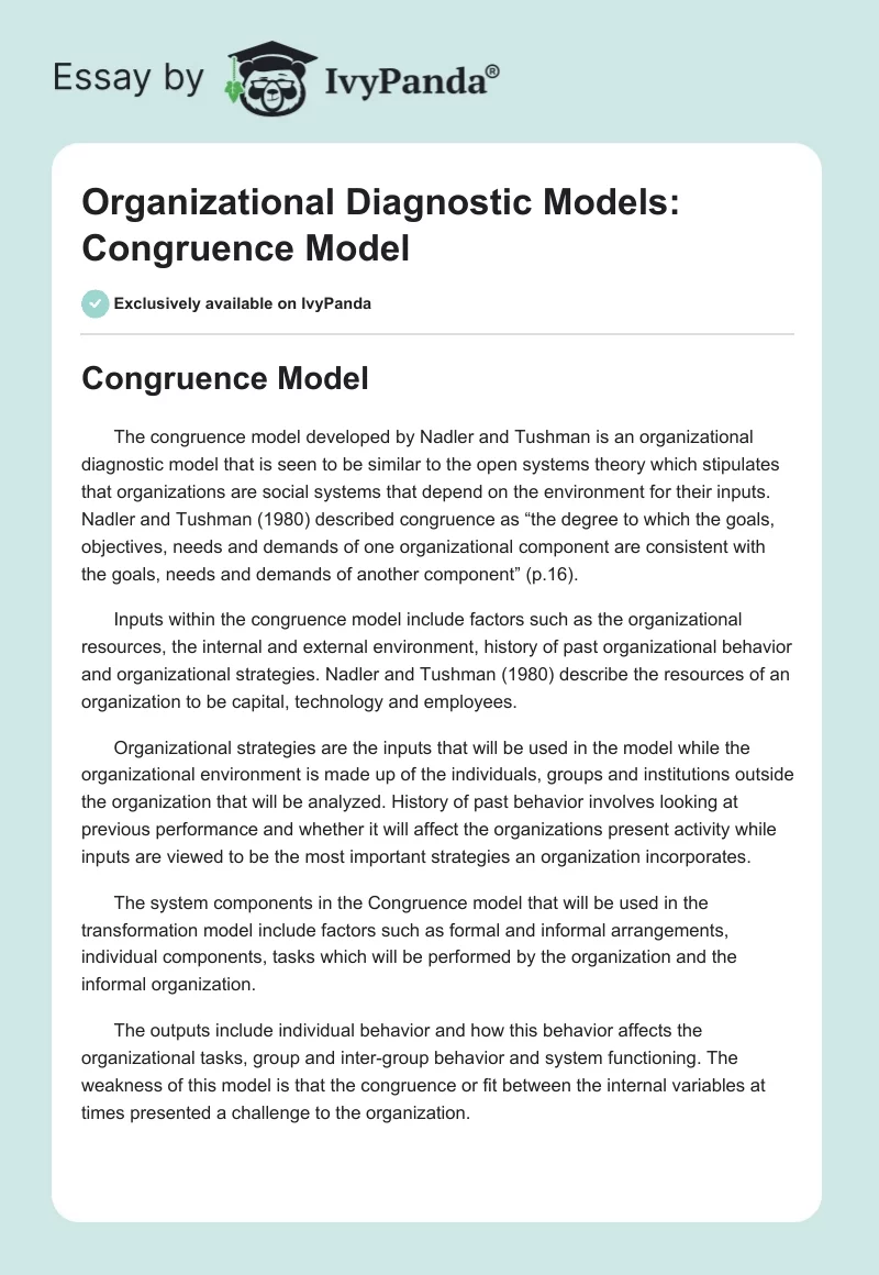 Organizational Diagnostic Models: Congruence Model. Page 1