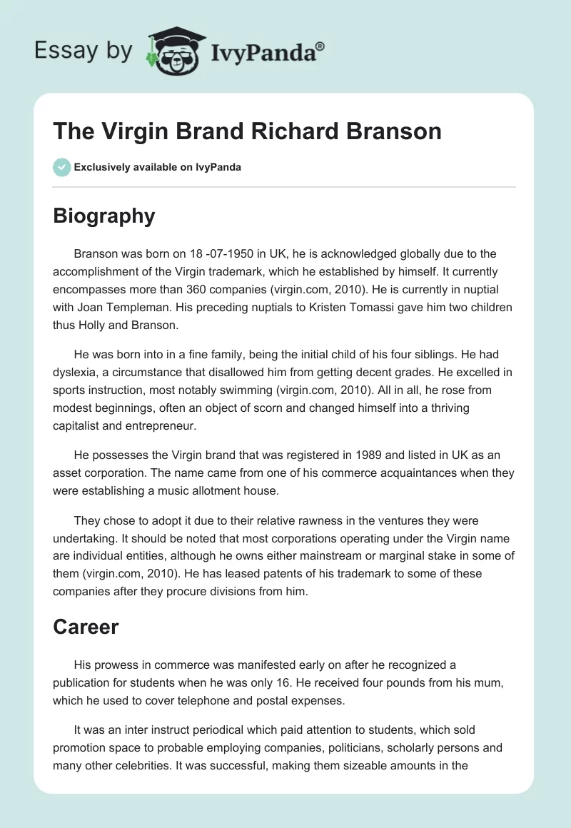 The Virgin Brand Richard Branson. Page 1