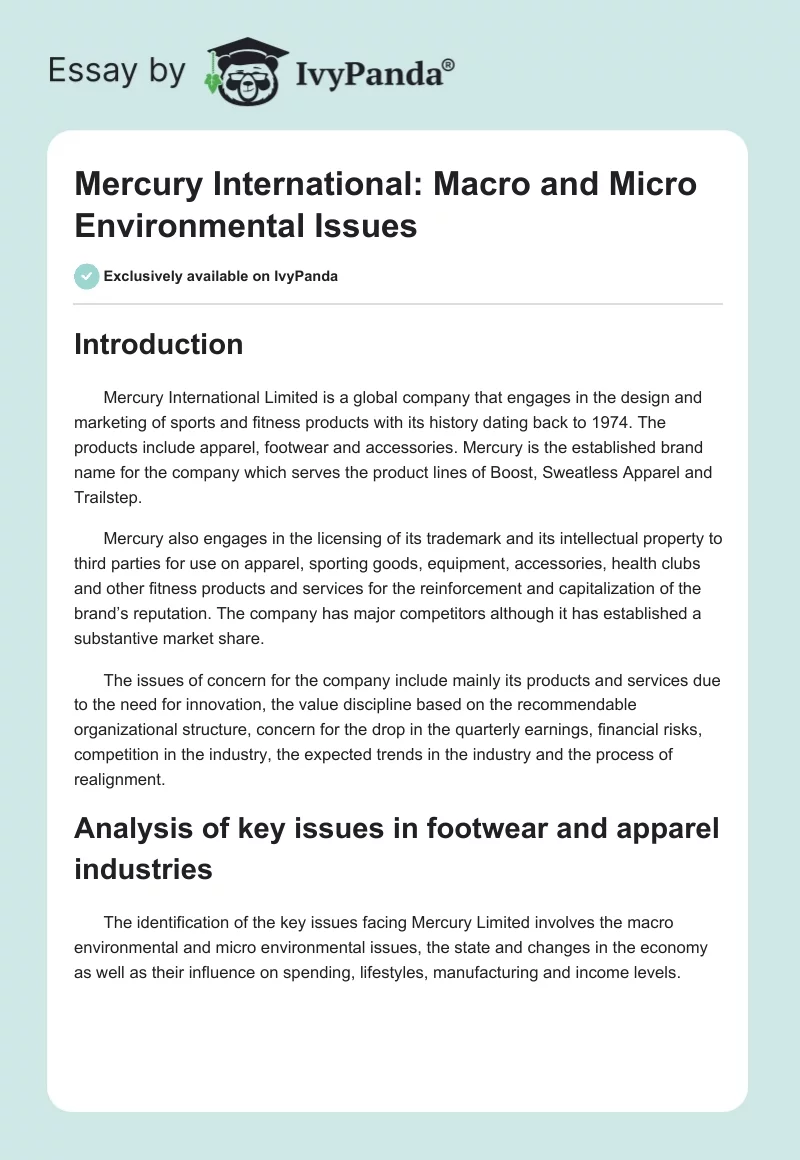 Mercury International: Macro and Micro Environmental Issues. Page 1