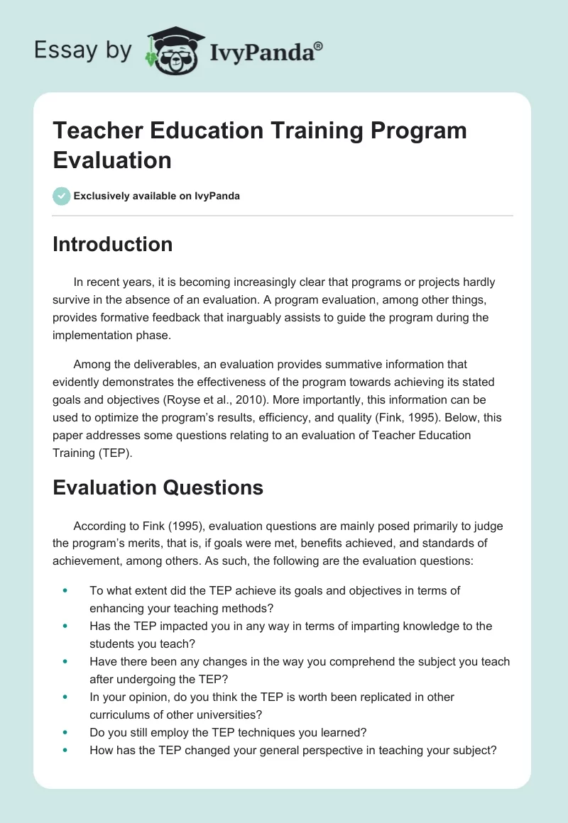 Teacher Education Training Program Evaluation. Page 1