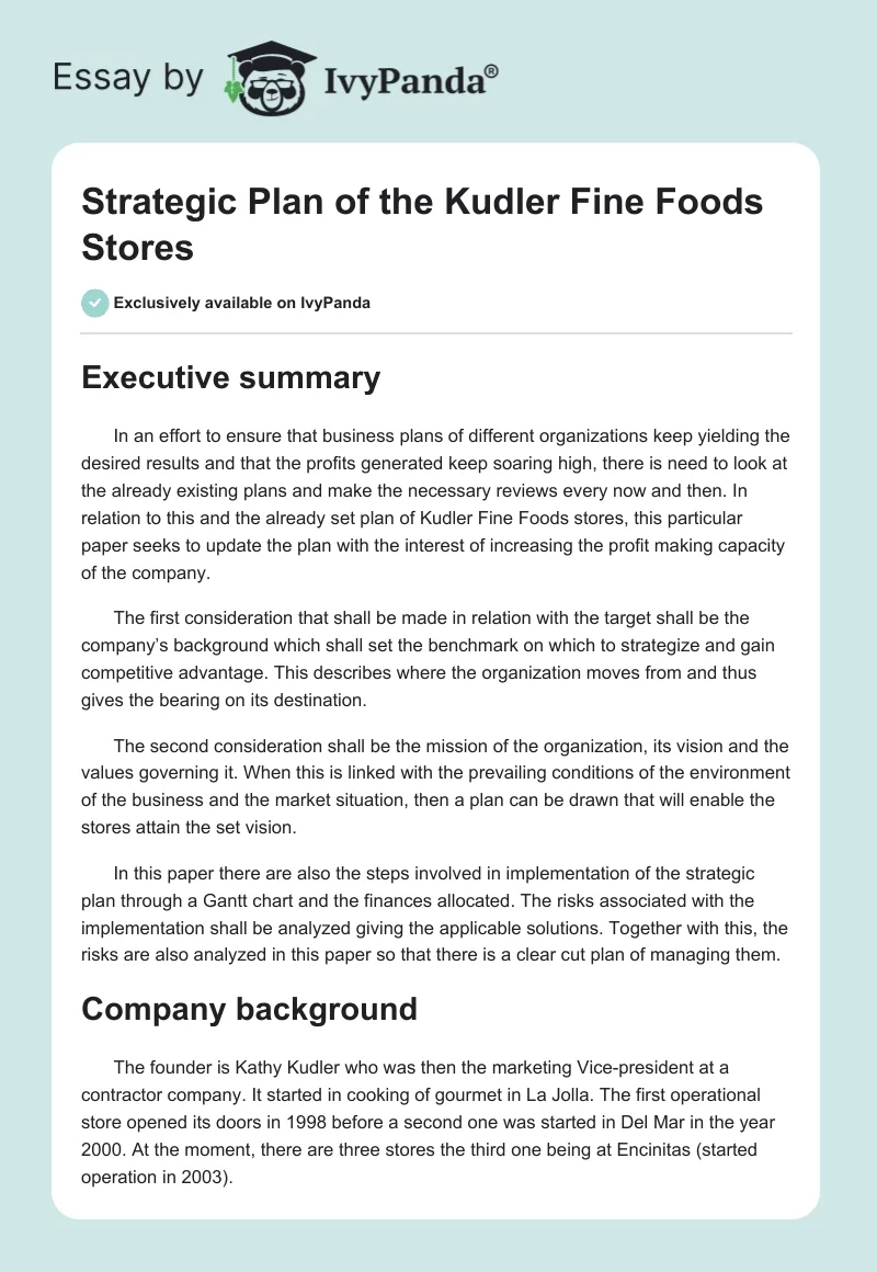 Strategic Plan of the Kudler Fine Foods Stores. Page 1