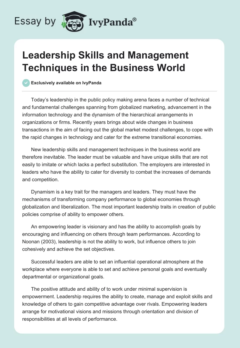 Leadership Skills and Management Techniques in the Business World. Page 1