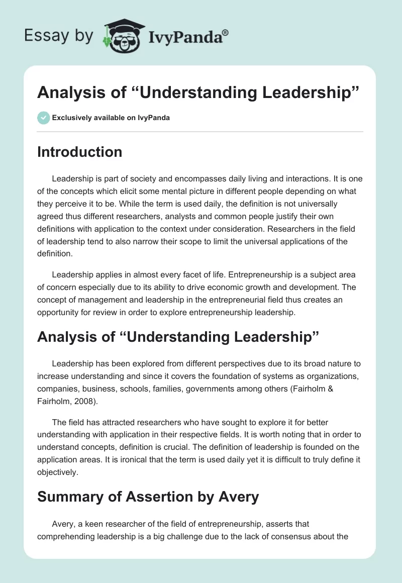 Analysis of “Understanding Leadership”. Page 1