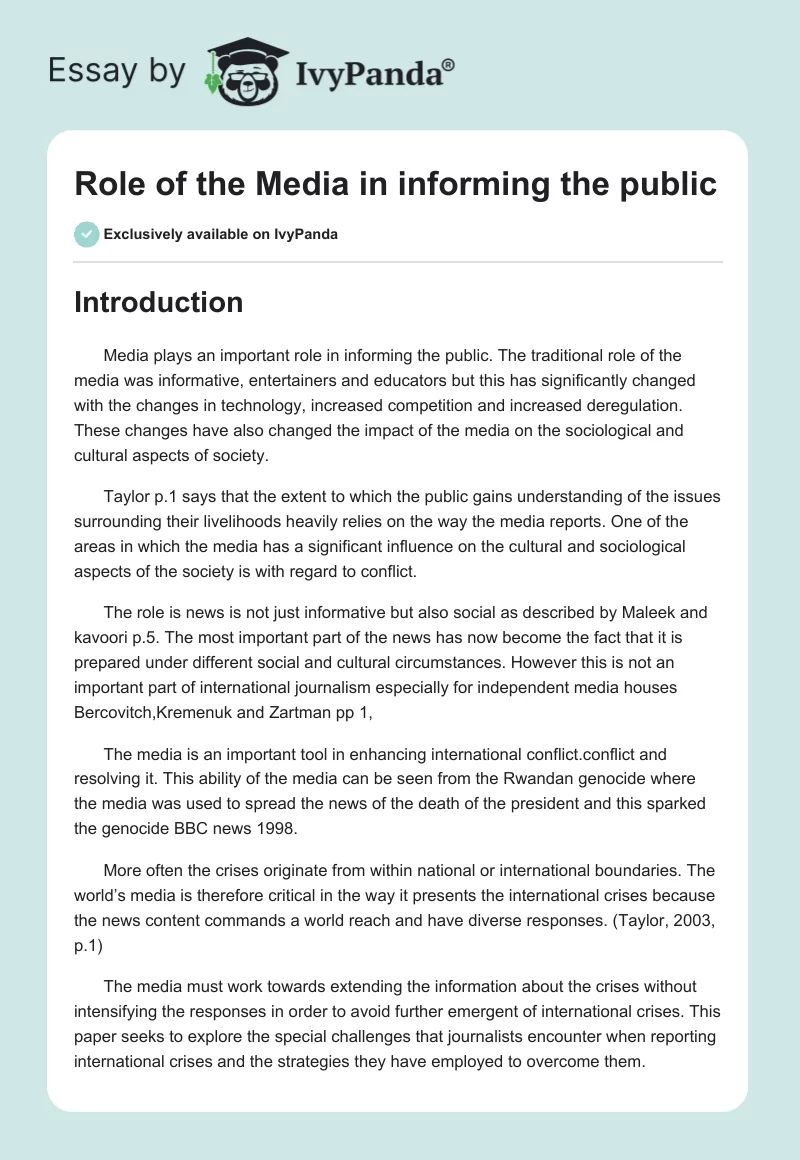 Role of the Media in informing the public. Page 1