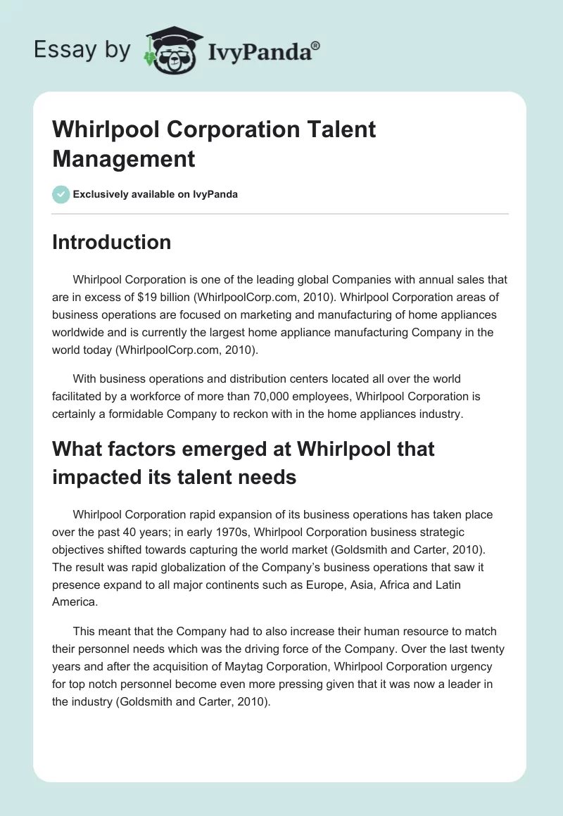 Whirlpool Corporation Talent Management. Page 1