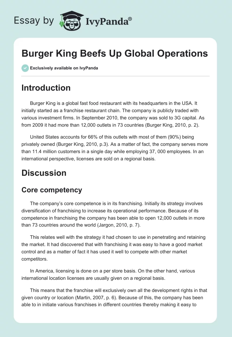 Burger King Beefs Up Global Operations. Page 1