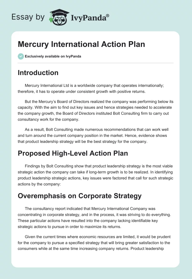 Mercury International Action Plan. Page 1
