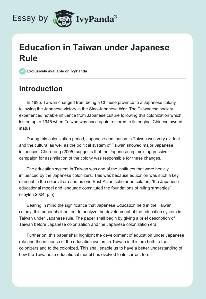 Education in Taiwan under Japanese Rule. Page 1