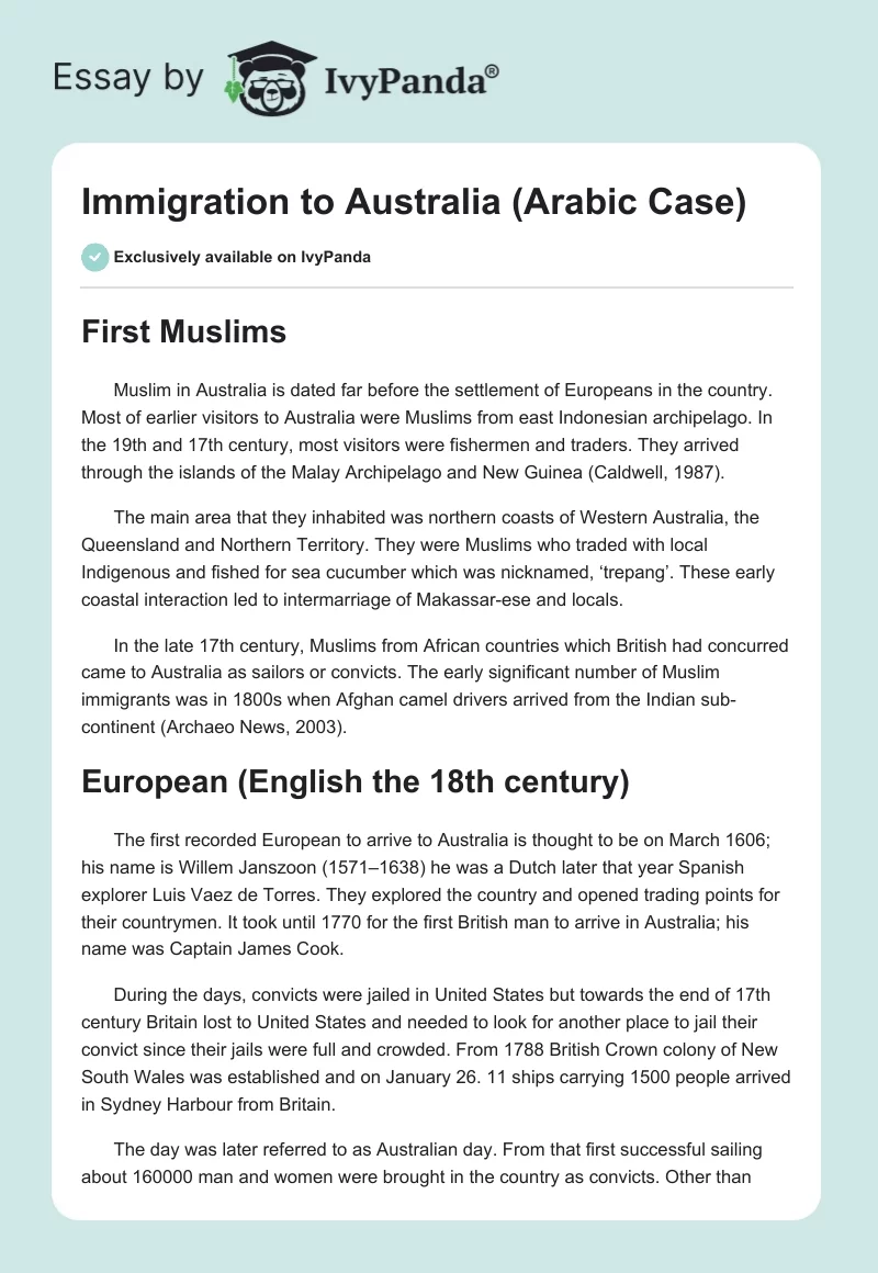 Immigration to Australia (Arabic Case). Page 1