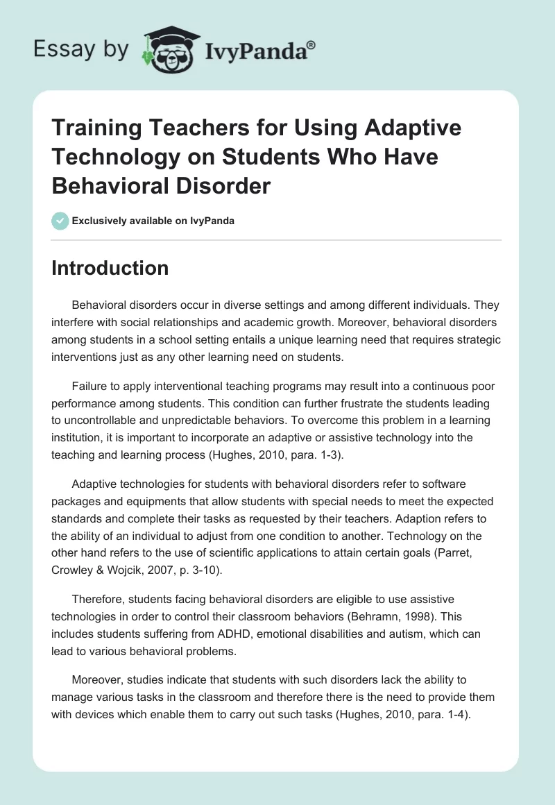 Training Teachers for Using Adaptive Technology on Students Who Have Behavioral Disorder. Page 1