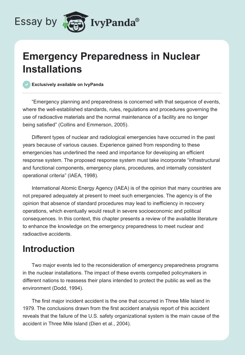 Emergency Preparedness in Nuclear Installations. Page 1