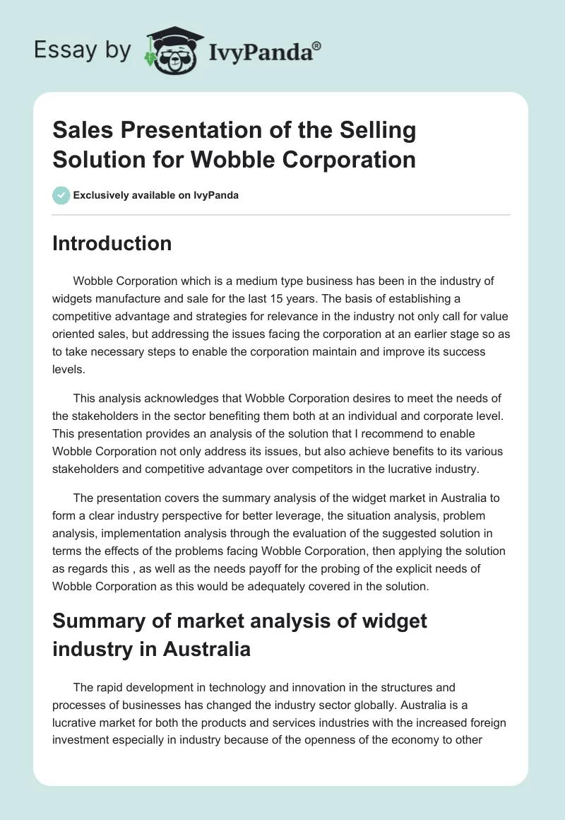 Sales Presentation of the Selling Solution for Wobble Corporation. Page 1
