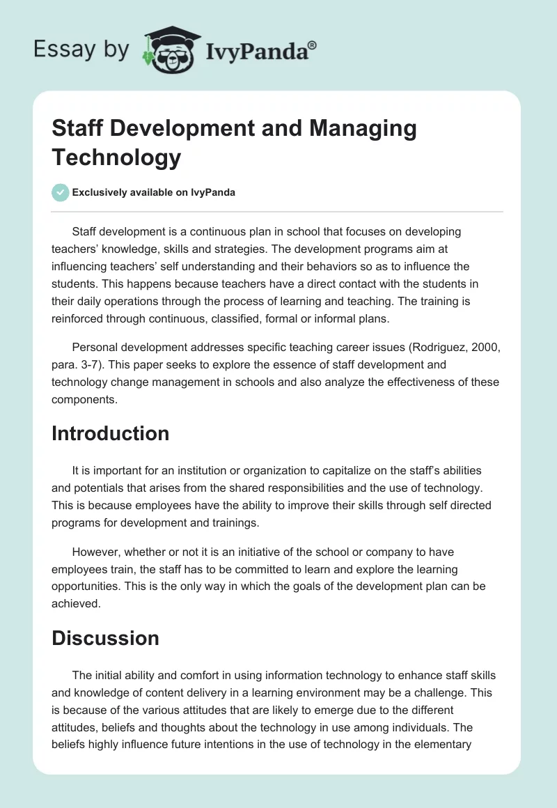 Staff Development and Managing Technology. Page 1