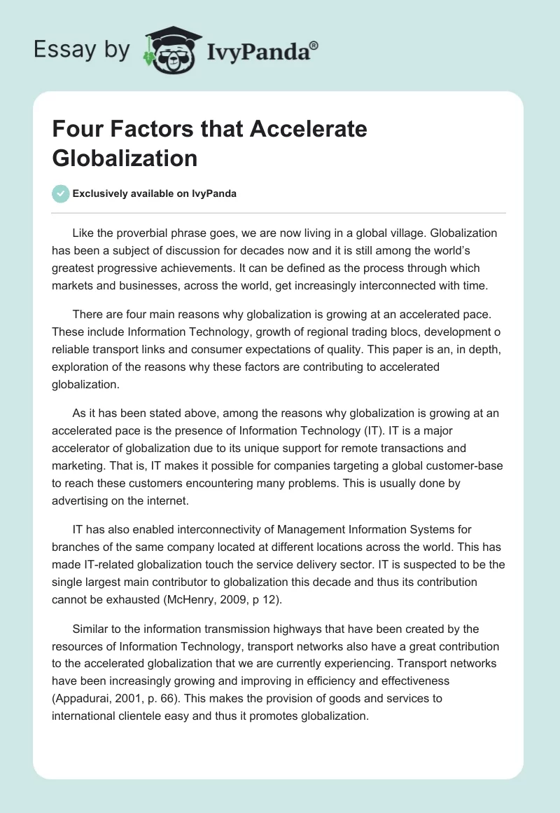 Four factors that accelerate globalization - 546 Words | Essay Example