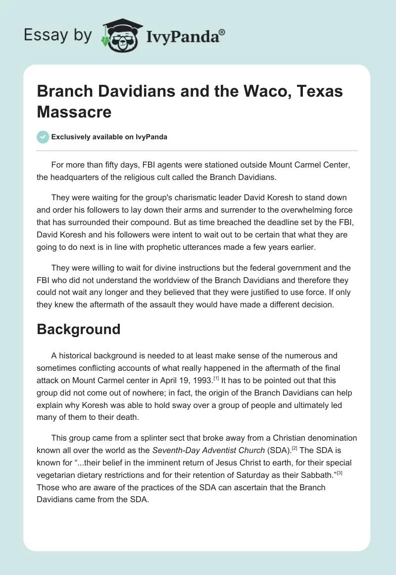 Branch Davidians and the Waco, Texas Massacre. Page 1