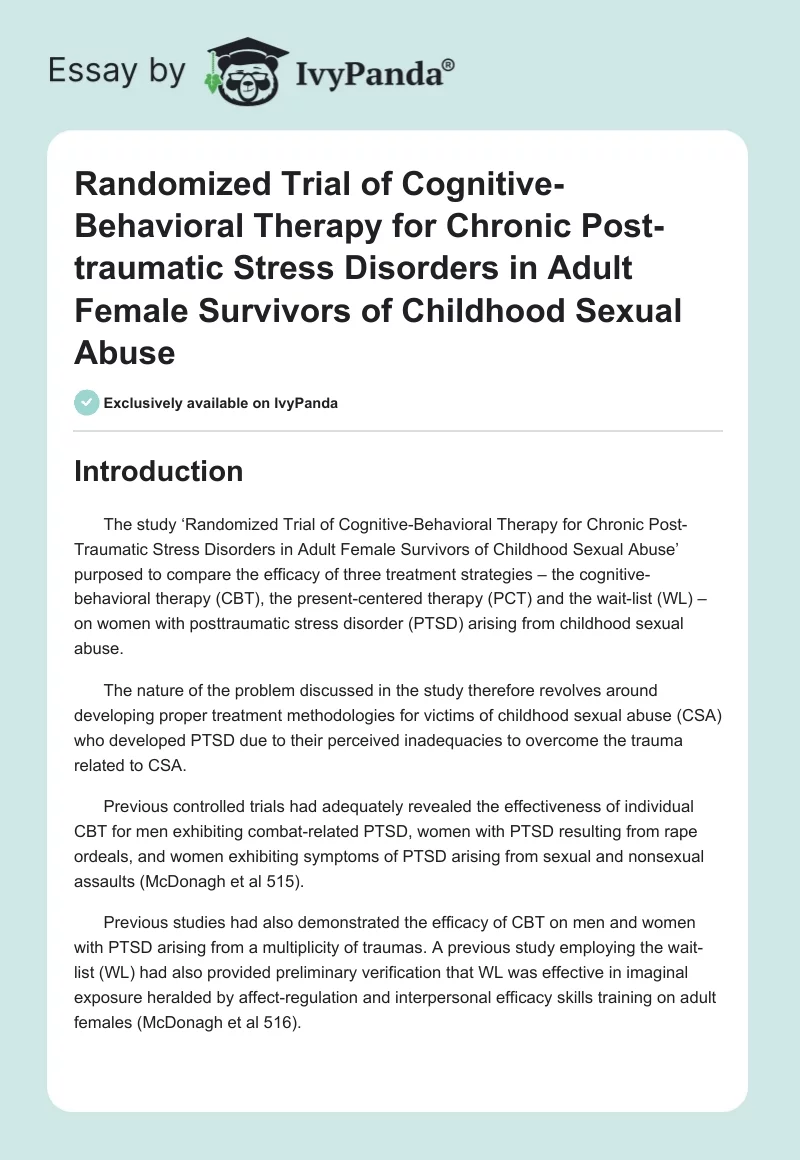 Randomized Trial of Cognitive-Behavioral Therapy for Chronic Post-Traumatic Stress Disorders in Adult Female Survivors of Childhood Sexual Abuse. Page 1