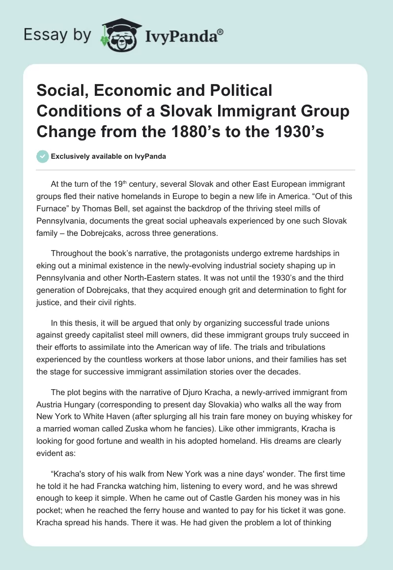 Social, Economic and Political Conditions of a Slovak Immigrant Group Change from the 1880’s to the 1930’s. Page 1