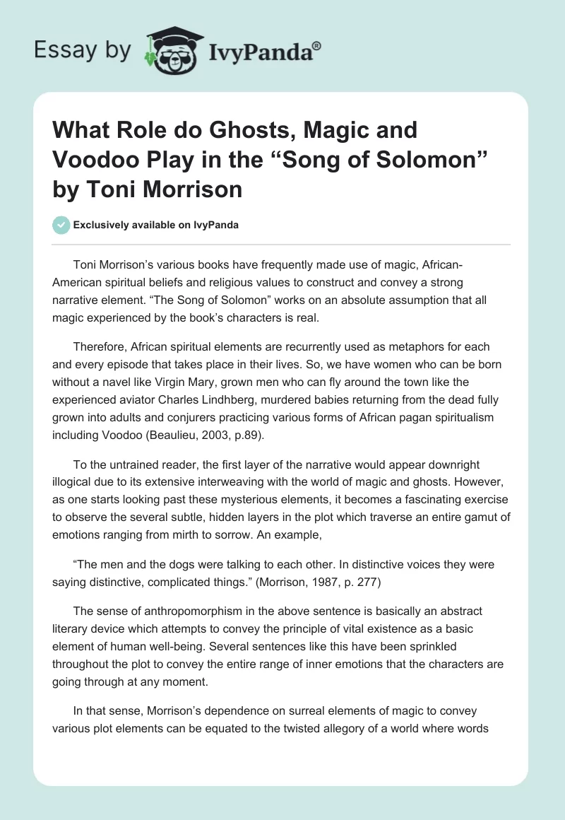 What Role do Ghosts, Magic and Voodoo Play in the “Song of Solomon” by Toni Morrison. Page 1
