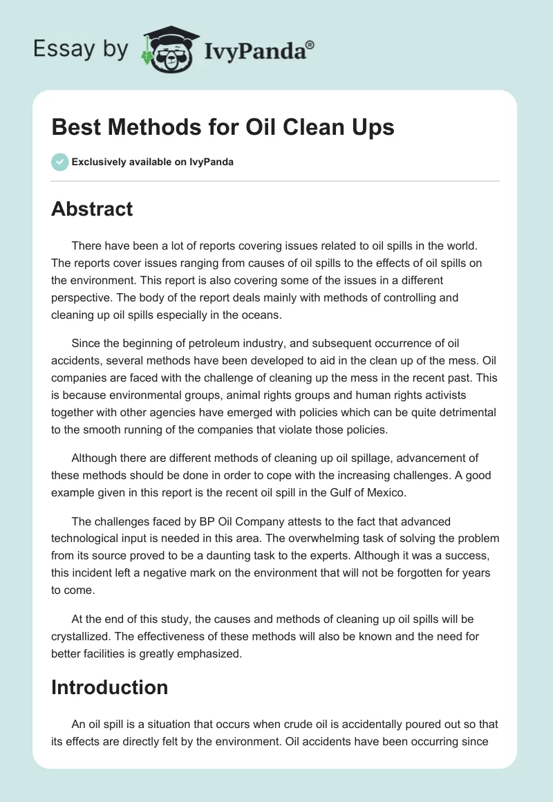 Best Methods for Oil Clean Ups. Page 1