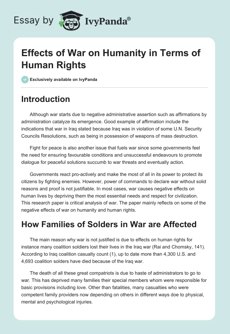 Effects of War on Humanity in Terms of Human Rights. Page 1