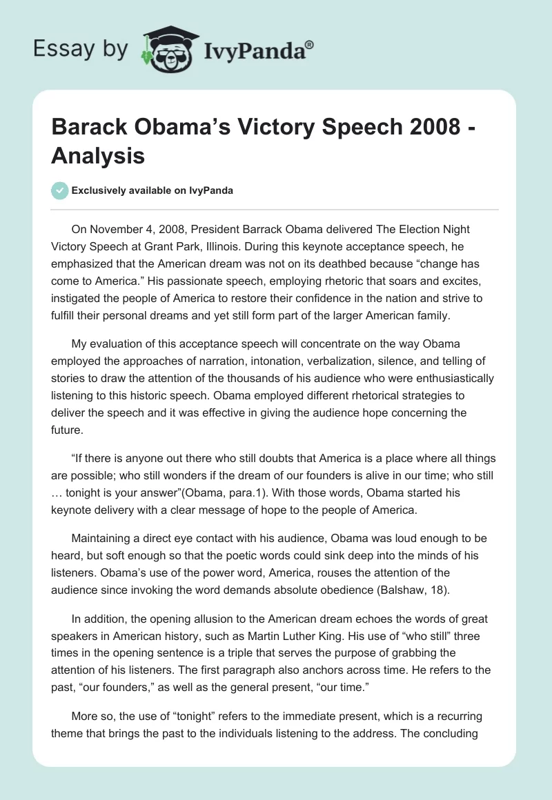 Barack Obama’s Victory Speech 2008 - Analysis. Page 1