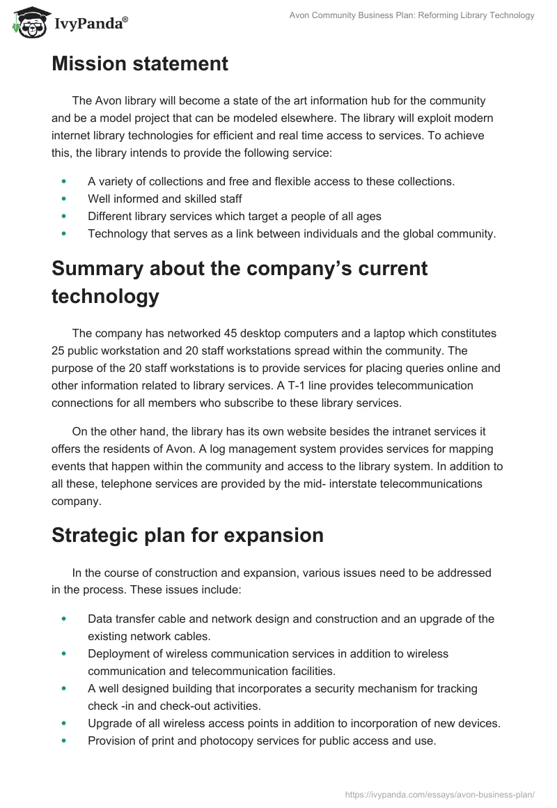 Avon Community Business Plan: Reforming Library Technology. Page 2